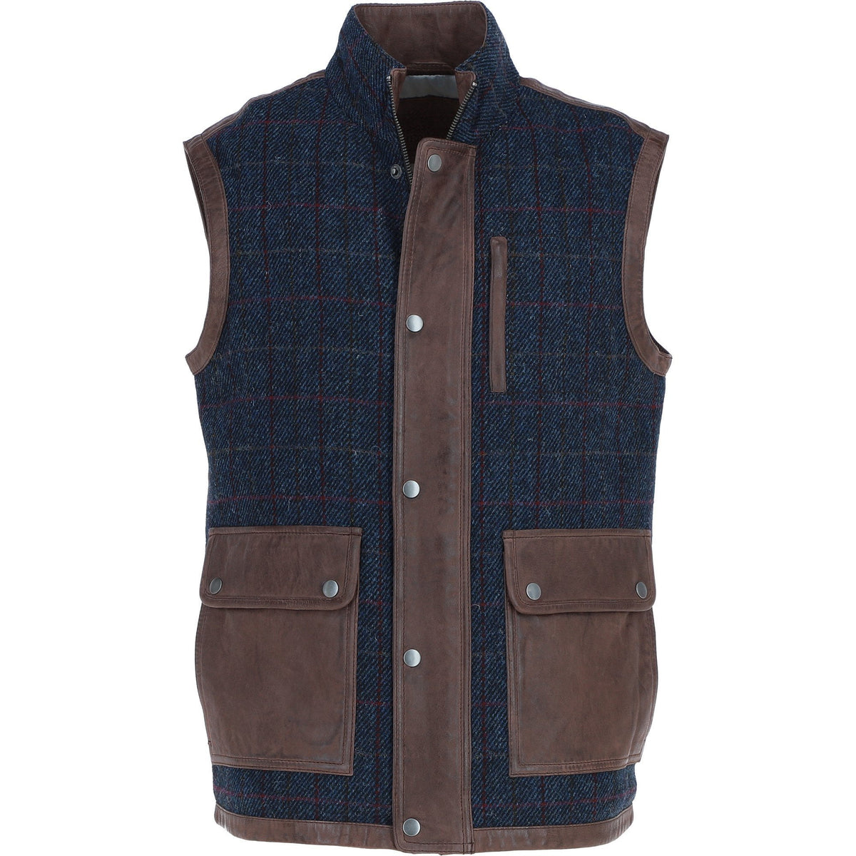 Men's Quilted Leather & Harris Tweed Gilet – Brown / Navy, view 1