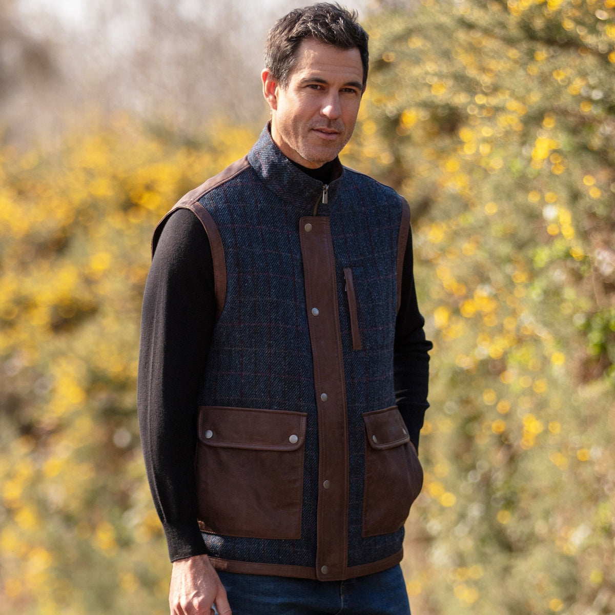 Men's Quilted Leather & Harris Tweed Gilet – Brown / Navy, view 2