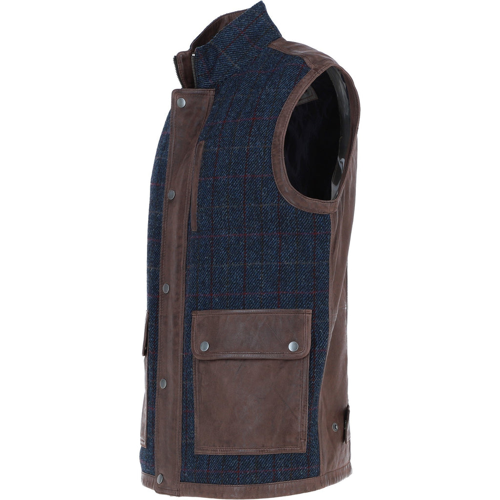 Men's Quilted Leather & Harris Tweed Gilet – Brown / Navy, view 3