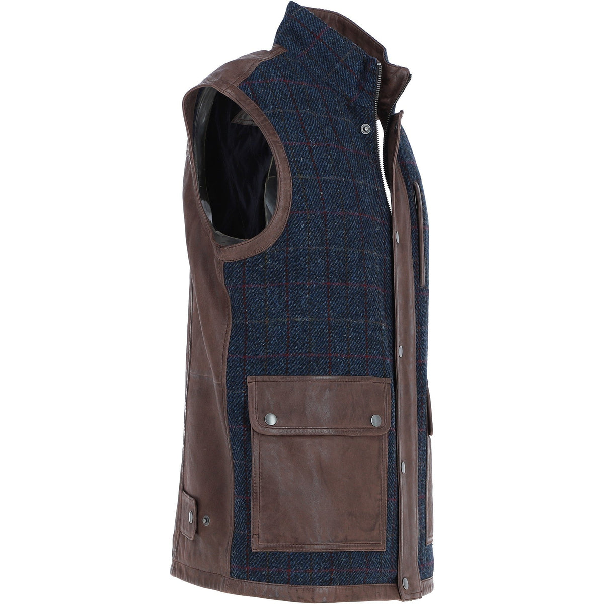 Men's Quilted Leather & Harris Tweed Gilet – Brown / Navy, view 5