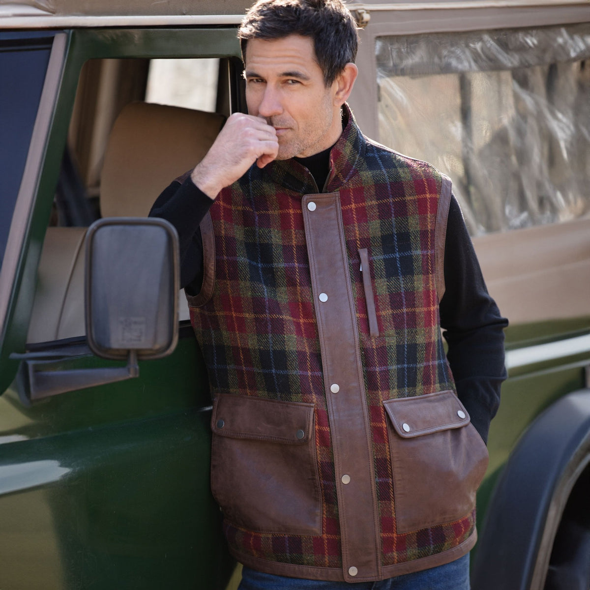 Men's Quilted Leather & Harris Tweed Gilet – Brown / Red / Green, view 2