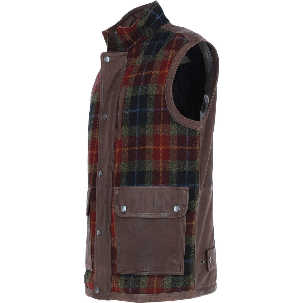 Men's Quilted Leather & Harris Tweed Gilet – Brown / Red / Green, view 3