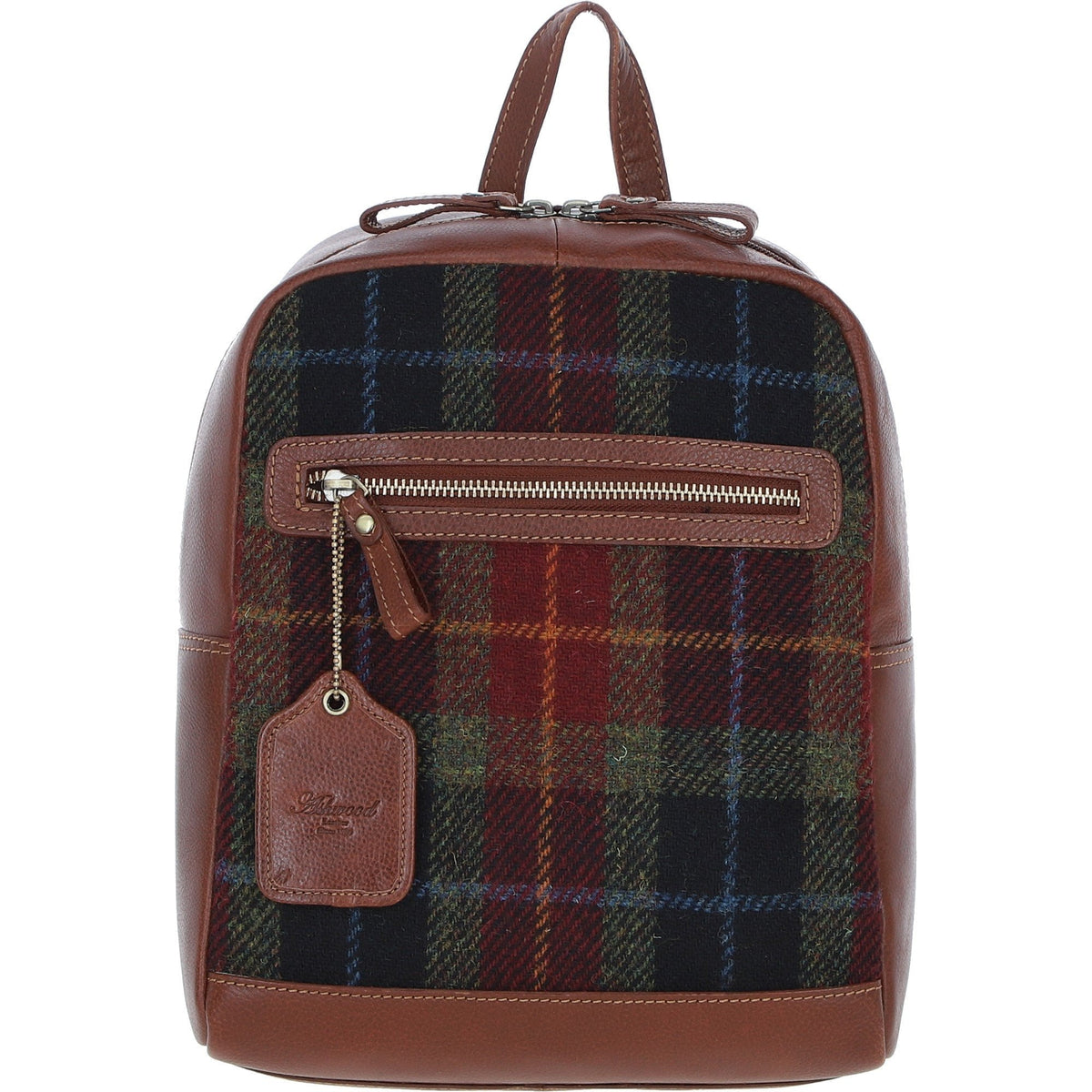 Leather & Harris Tweed Classic Backpack – Tan / Green / Red, view 1