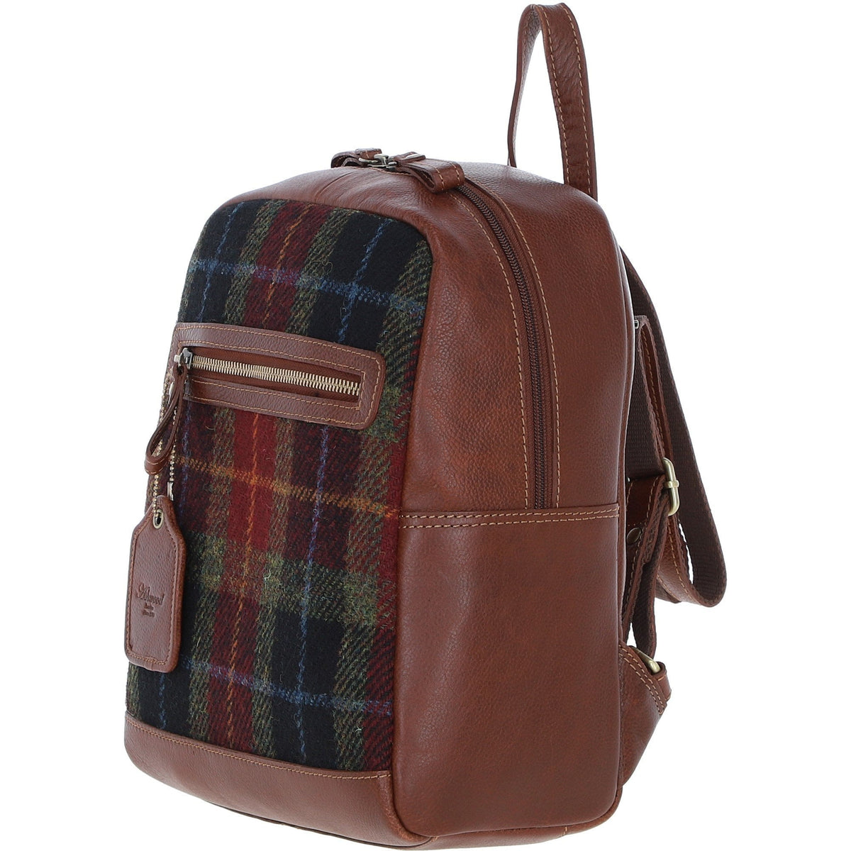 Leather & Harris Tweed Classic Backpack – Tan / Green / Red, view 2