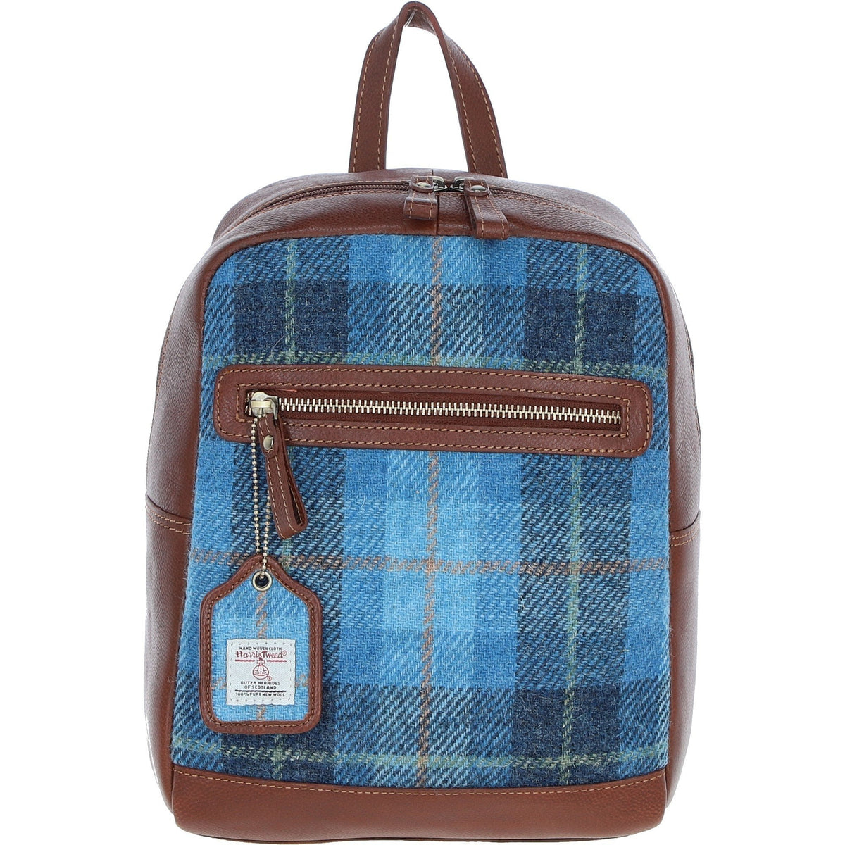 Leather & Harris Tweed Classic Backpack – Tan / Light Blue, view 1