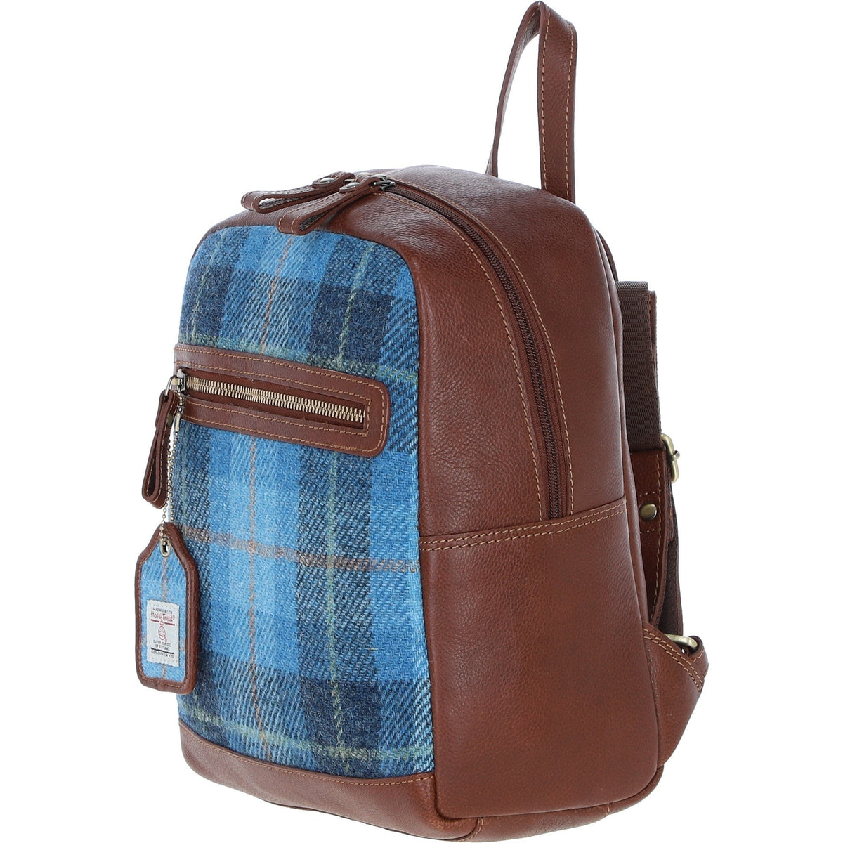 Leather & Harris Tweed Classic Backpack – Tan / Light Blue, view 2