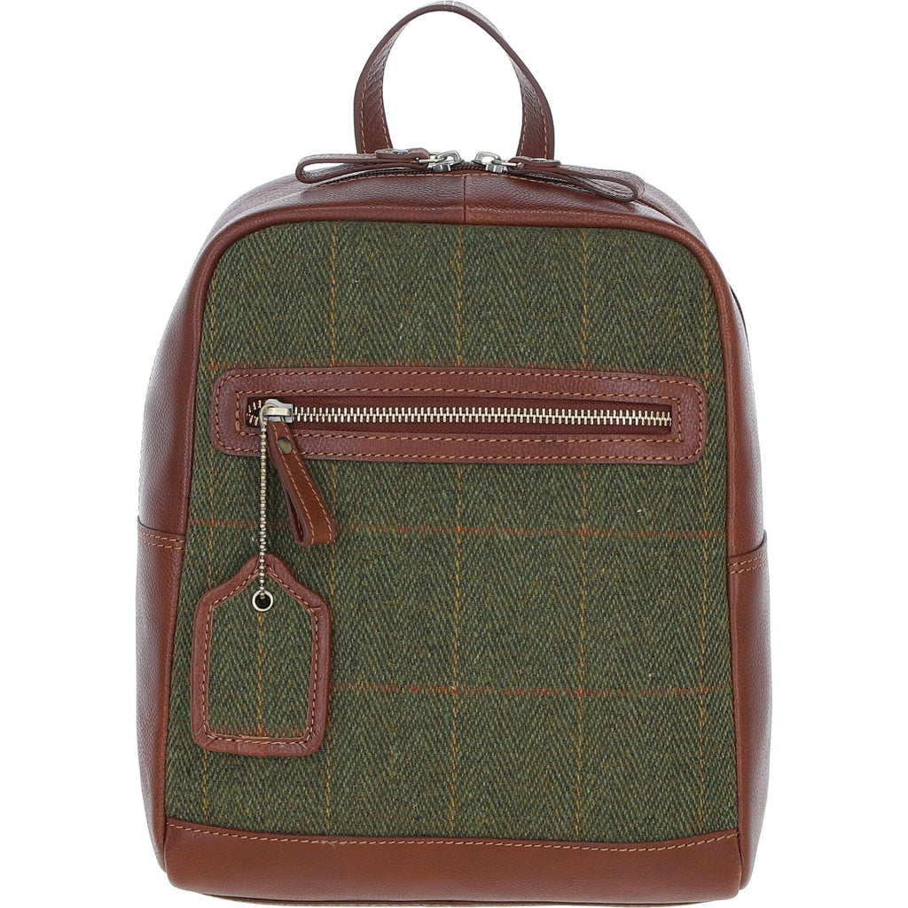 Leather & Tweed Classic Backpack – Tan / Green Check, view 1