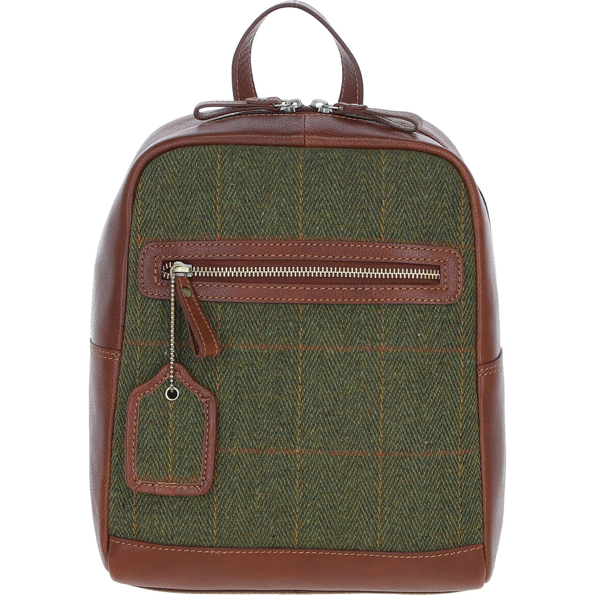 Leather & Tweed Classic Backpack – Tan / Green Check, view 1