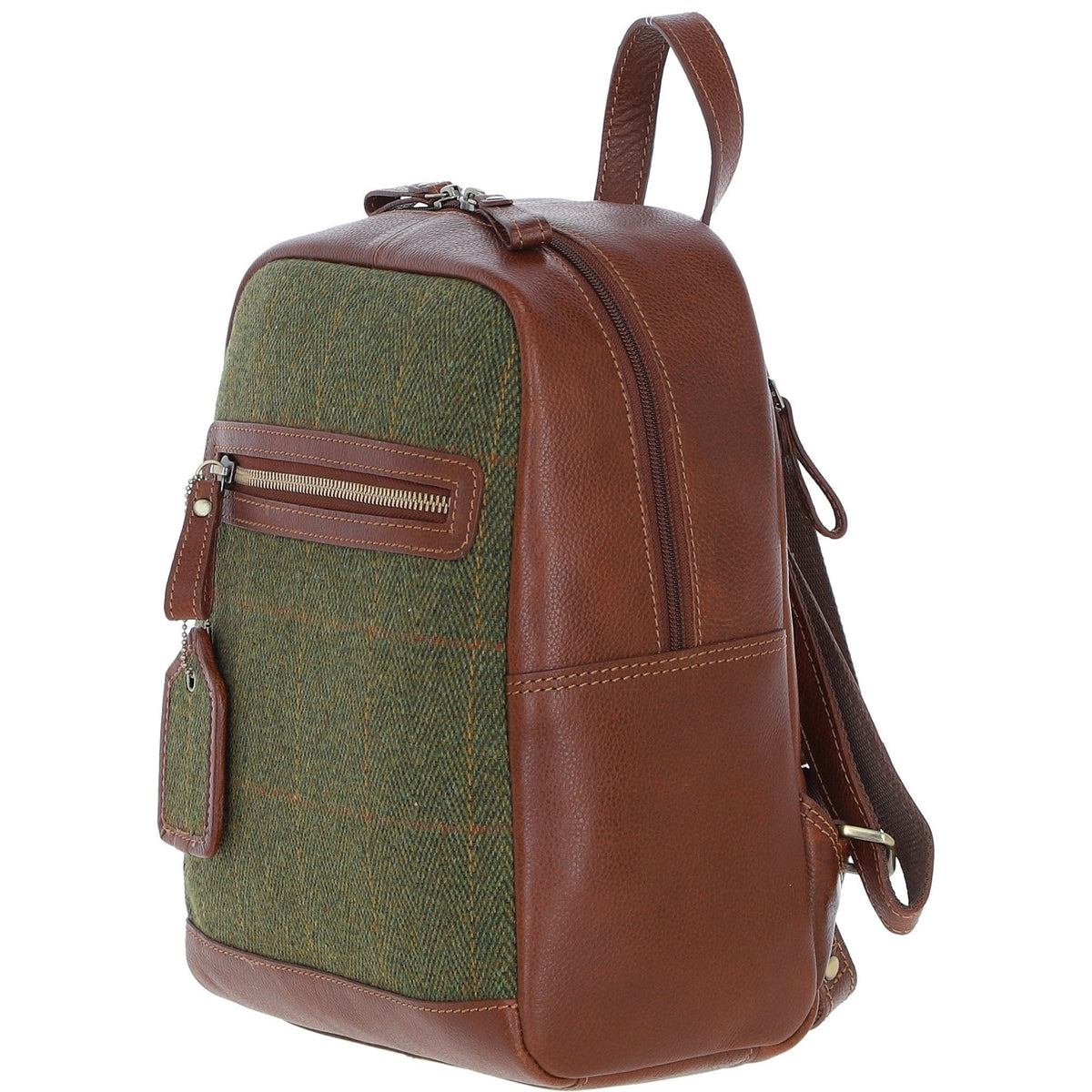 Leather & Tweed Classic Backpack – Tan / Green Check, view 2