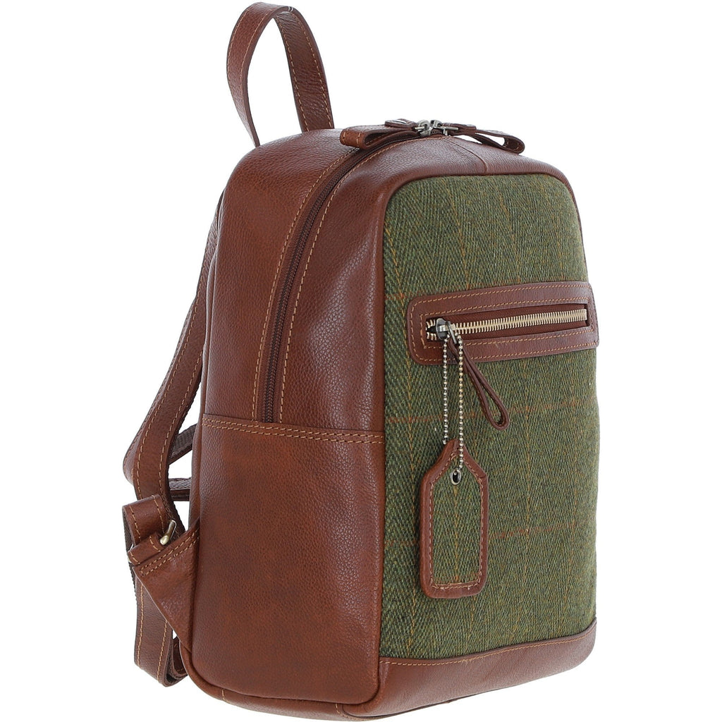 Leather & Tweed Classic Backpack – Tan / Green Check, view 4