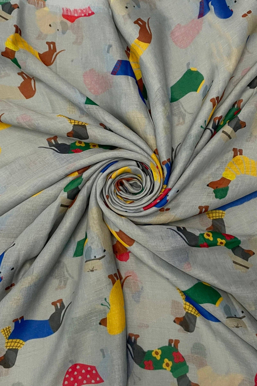 Cute Dressed Sausage Dog Print Frayed Scarf: Grey