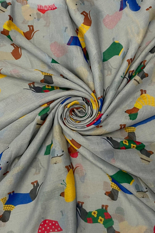 Cute Dressed Sausage Dog Print Frayed Scarf: Grey