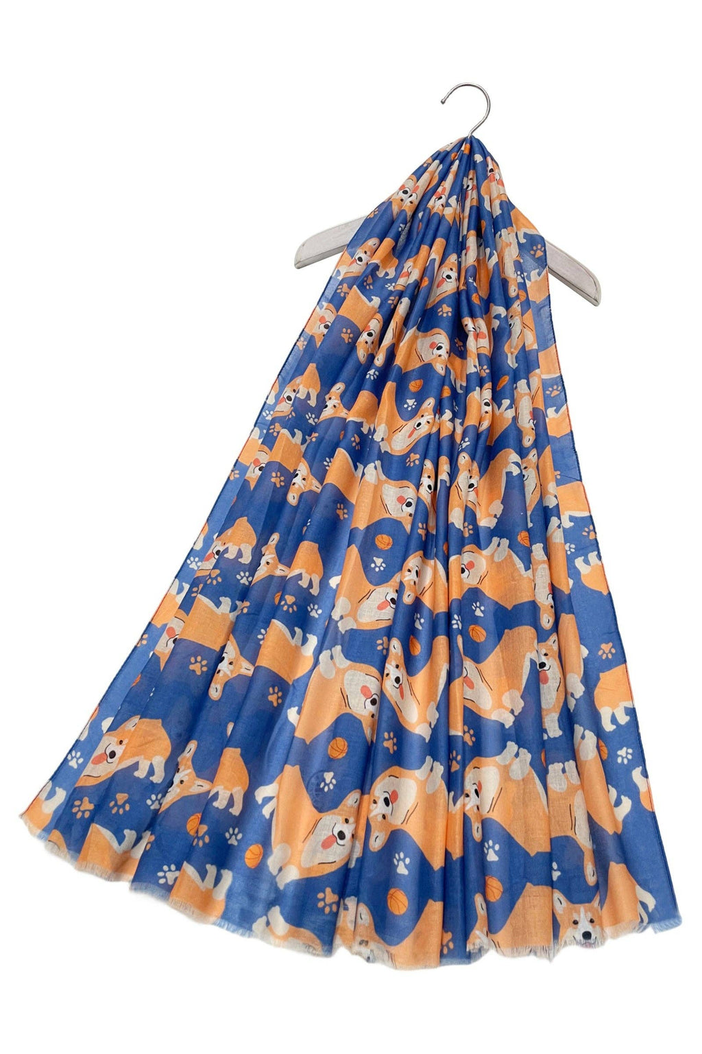Corgi Dog & Paw Print Frayed Scarf: Blue