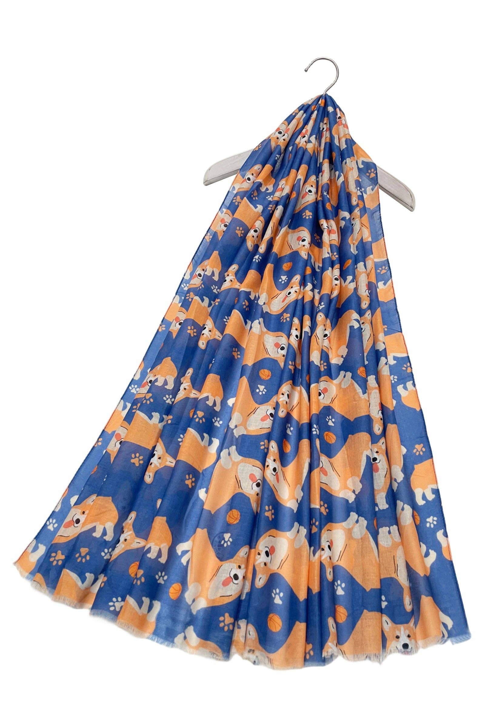 Corgi Dog & Paw Print Frayed Scarf: Blue