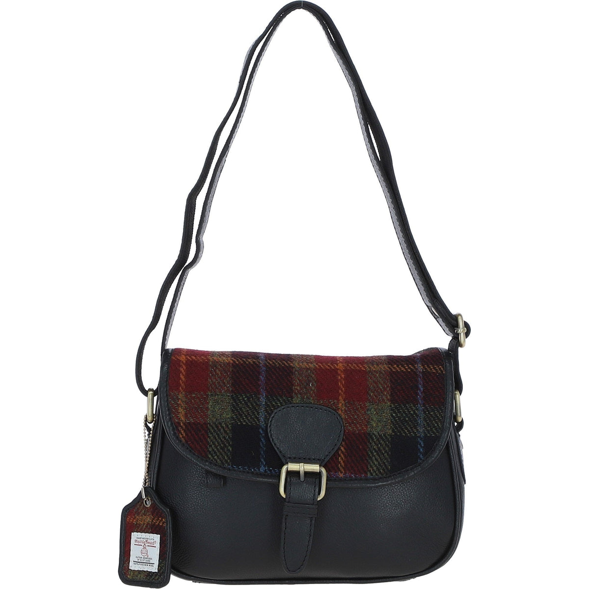 Leather & Harris Tweed Medium Saddle Bag – Black / Green / Red, view 1