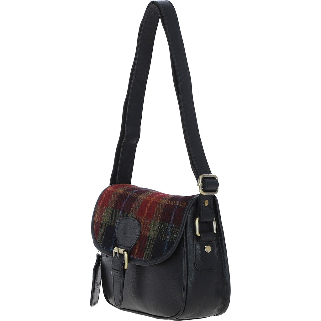 Leather & Harris Tweed Medium Saddle Bag – Black / Green / Red, view 2