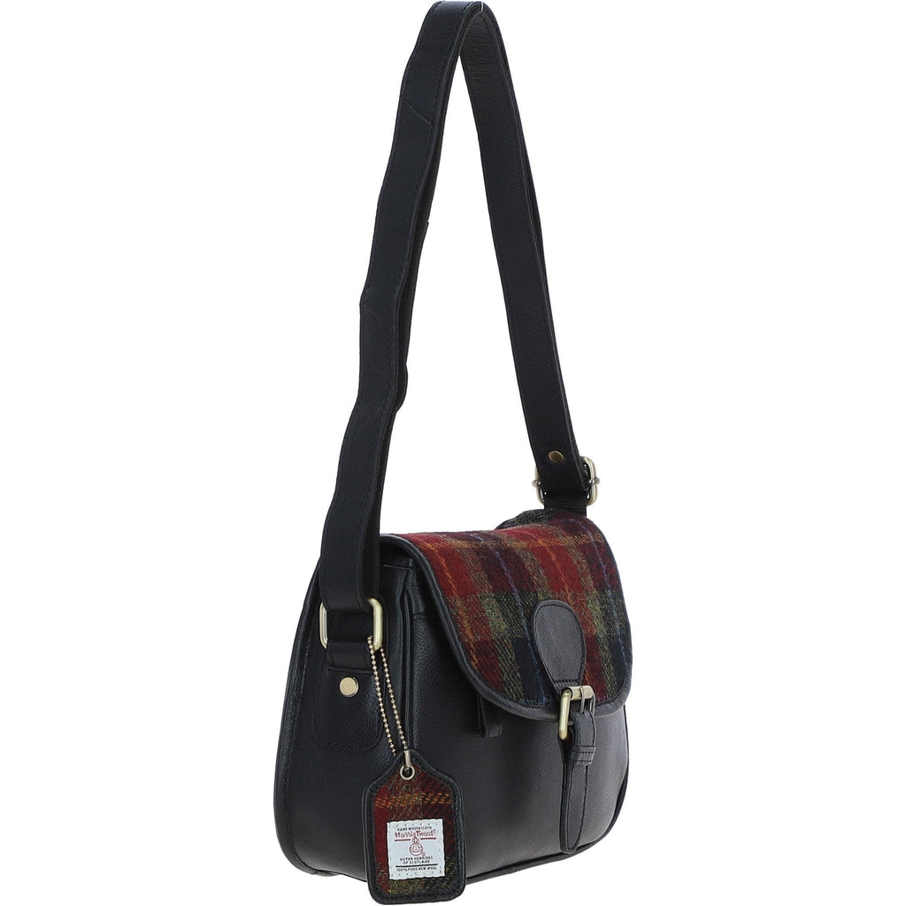 Leather & Harris Tweed Medium Saddle Bag – Black / Green / Red, view 4