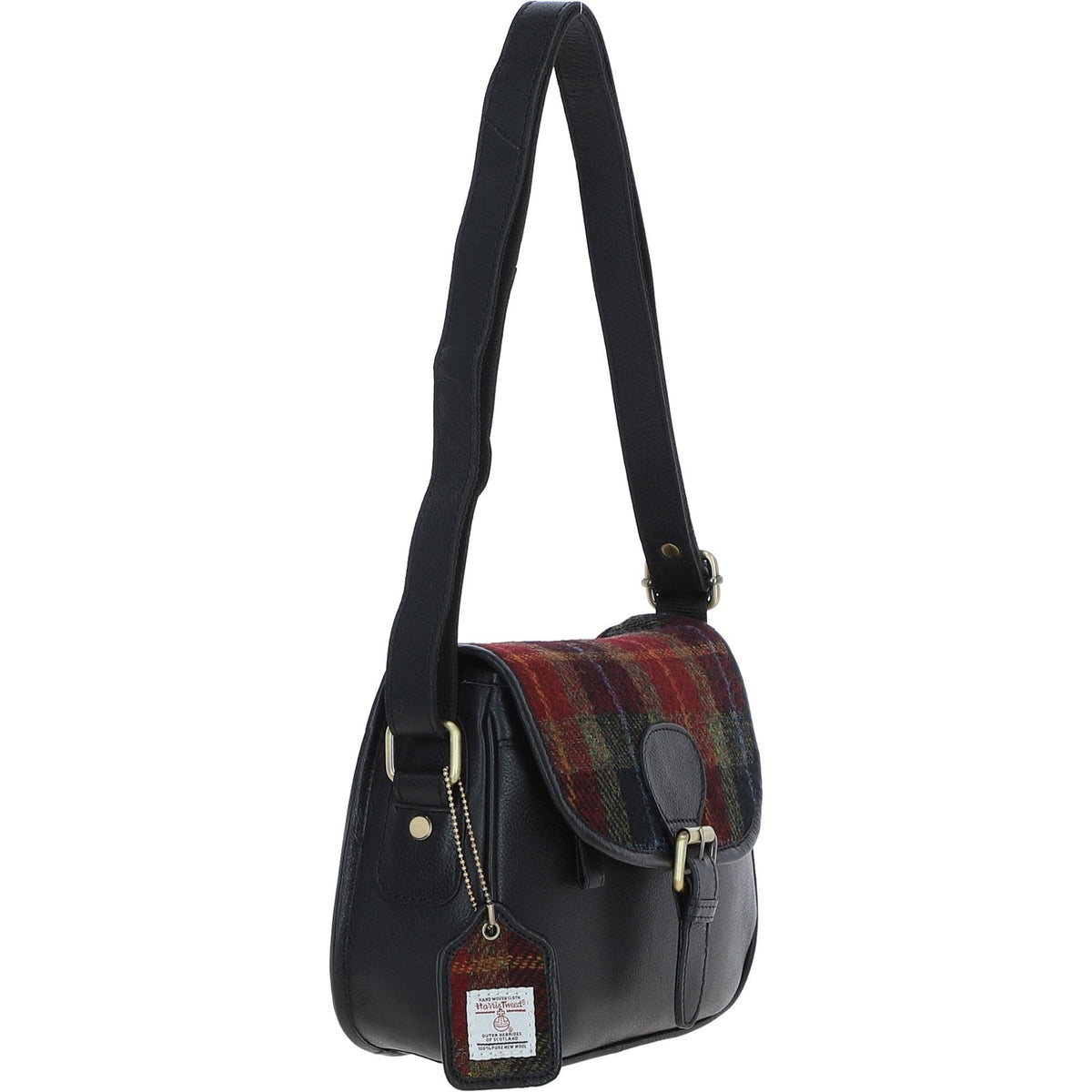 Leather & Harris Tweed Medium Saddle Bag – Black / Green / Red, view 4