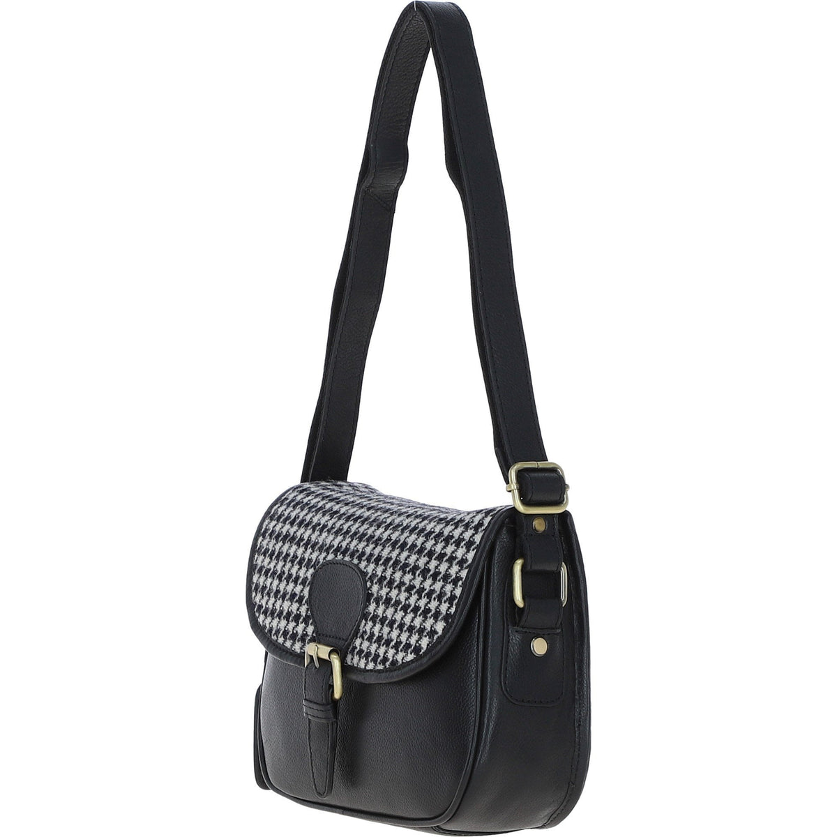 Leather & Harris Tweed Medium Saddle Bag – Black / White, view 2
