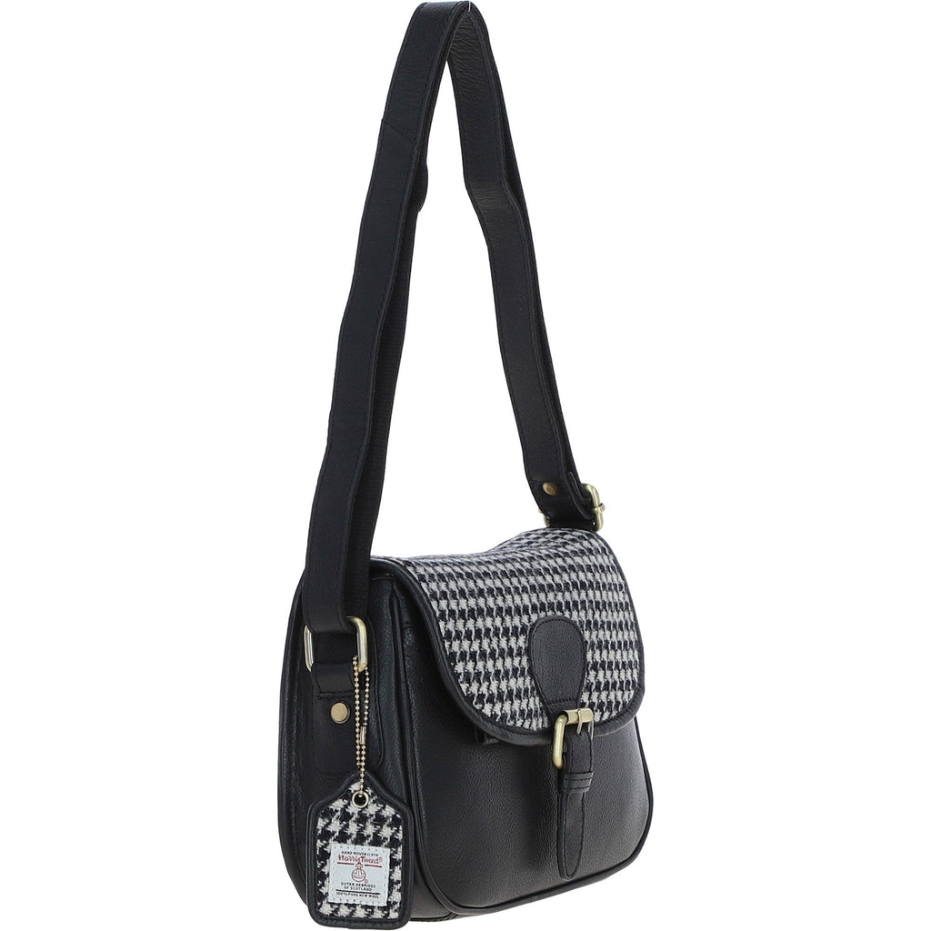 Leather & Harris Tweed Medium Saddle Bag – Black / White, view 4