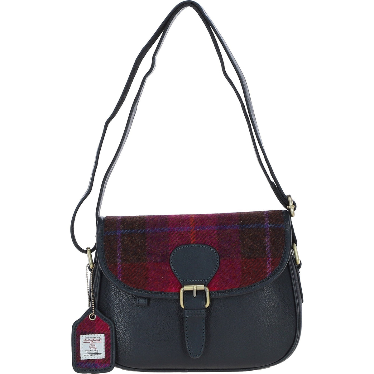 Leather & Harris Tweed Medium Saddle Bag – Navy / Pink, view 1