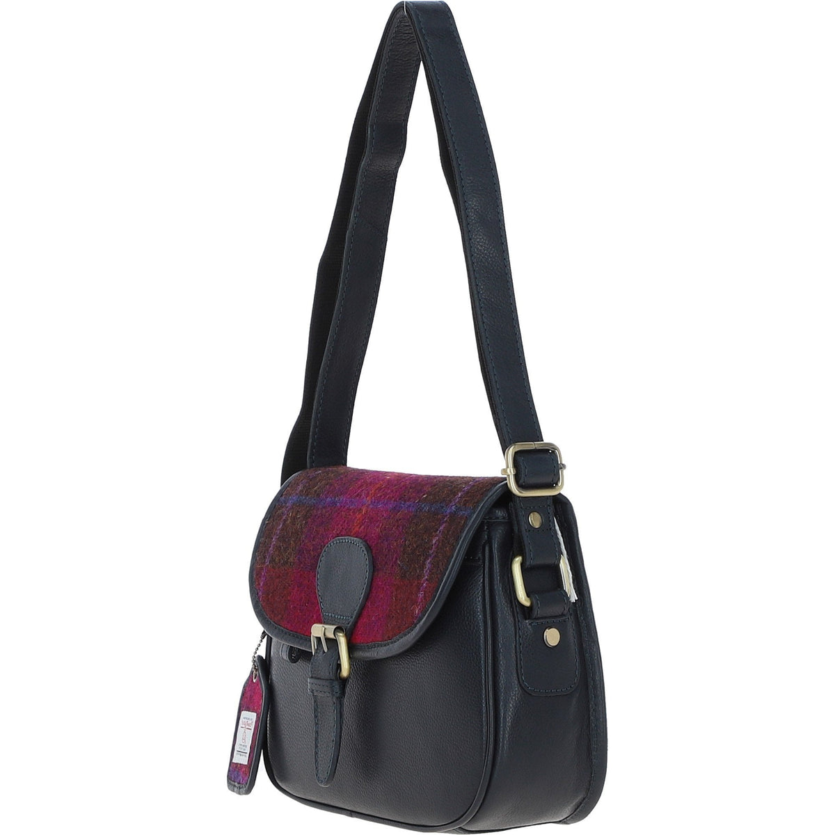 Leather & Harris Tweed Medium Saddle Bag – Navy / Pink, view 2