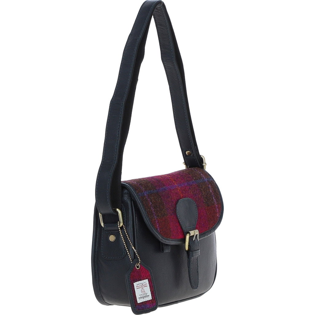 Leather & Harris Tweed Medium Saddle Bag – Navy / Pink, view 4