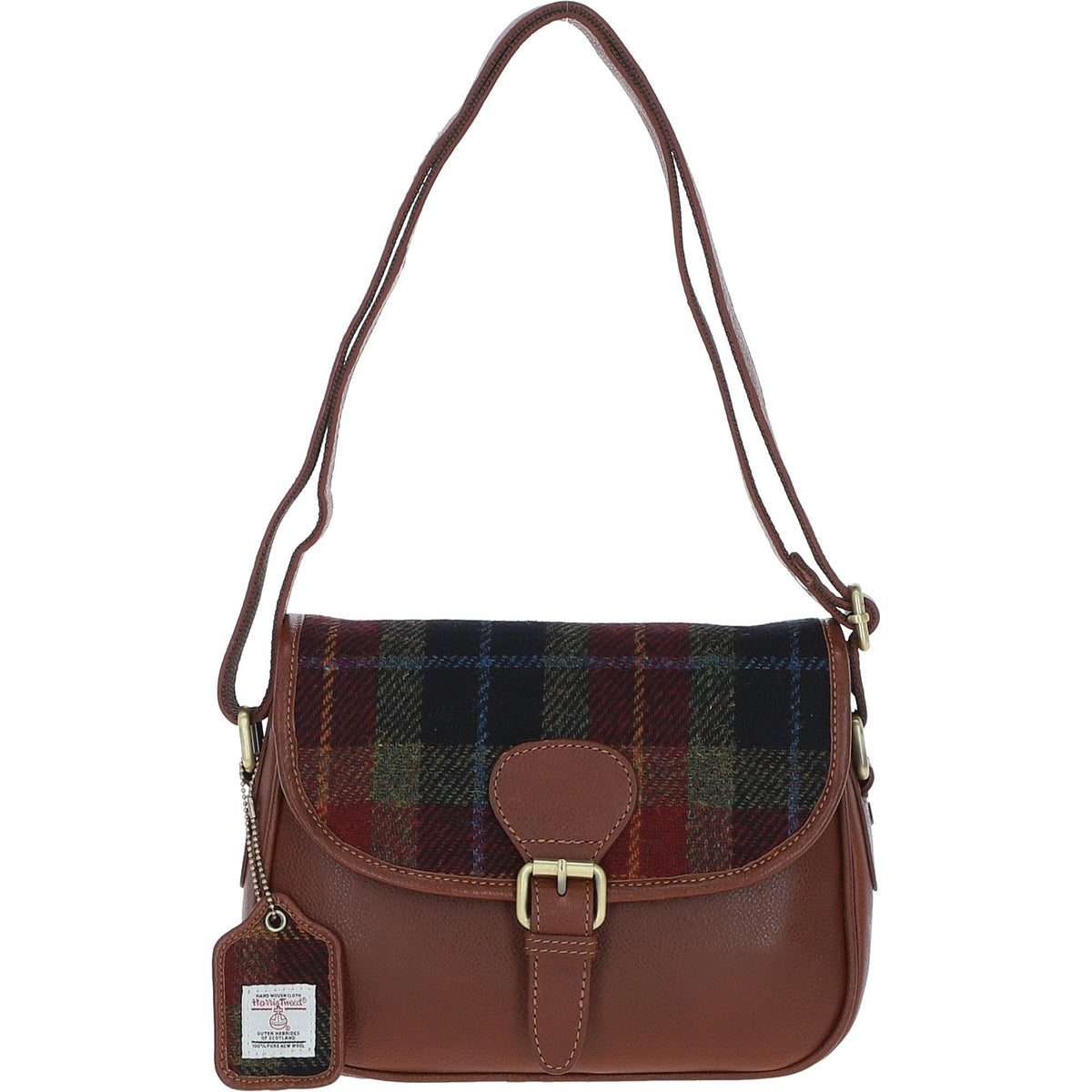 Leather & Harris Tweed Medium Saddle Bag – Tan / Green / Red, view 1