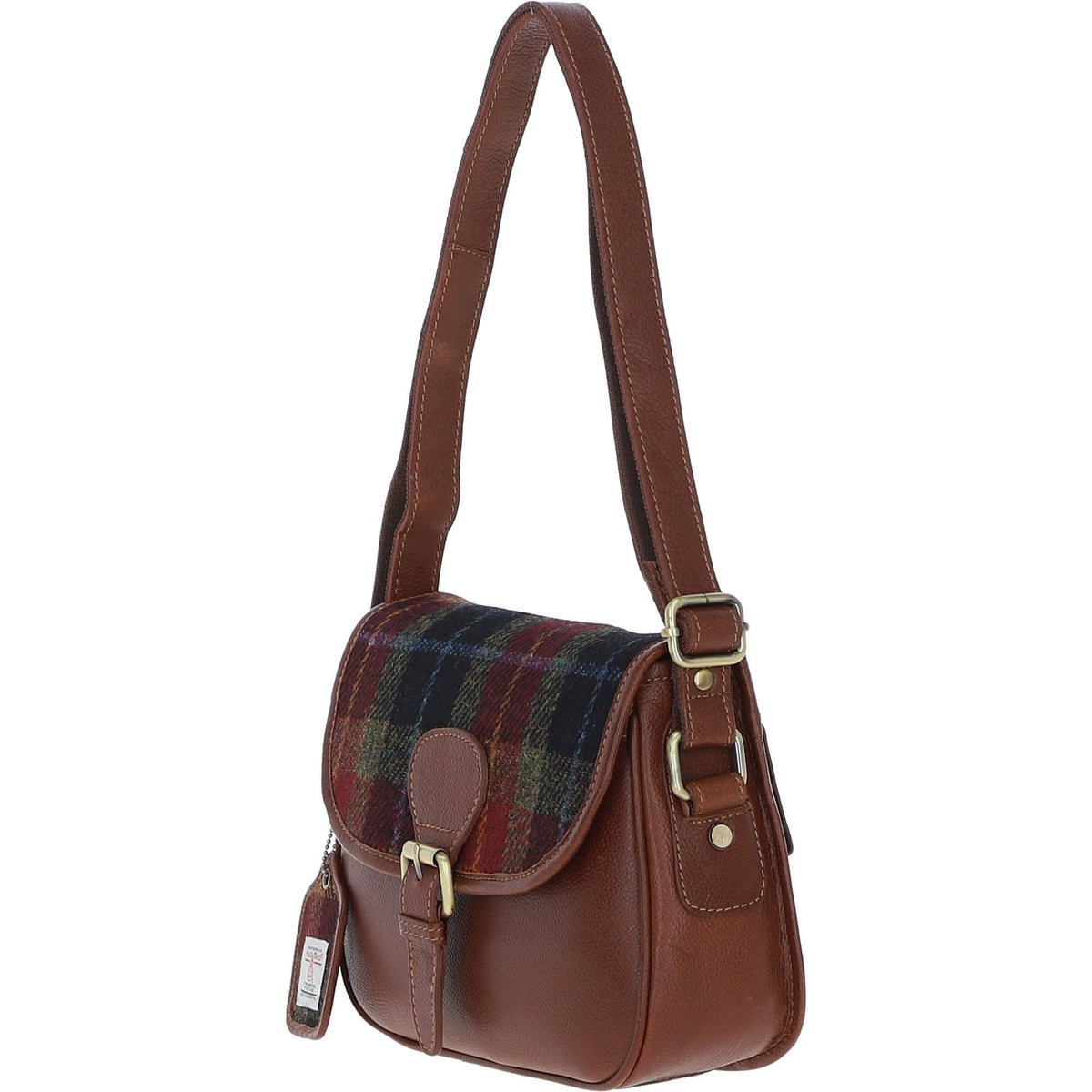 Leather & Harris Tweed Medium Saddle Bag – Tan / Green / Red, view 2