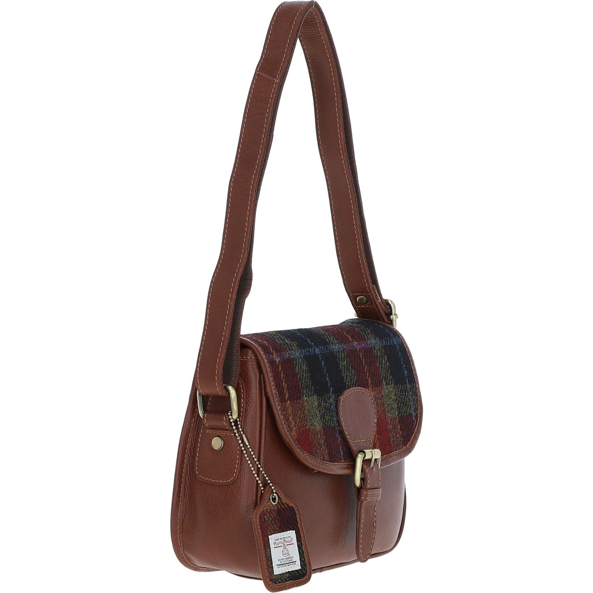 Leather & Harris Tweed Medium Saddle Bag – Tan / Green / Red, view 4