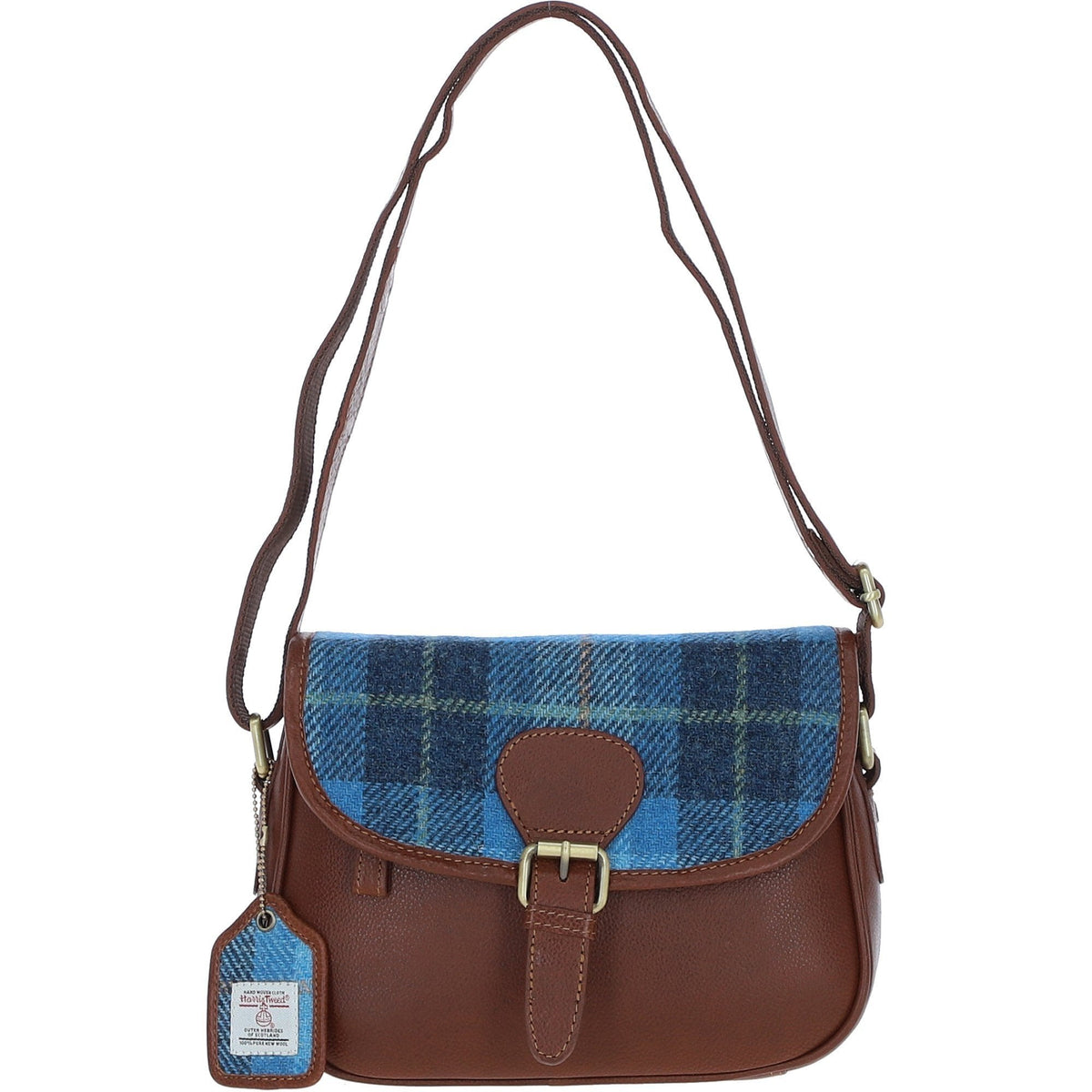 Leather & Harris Tweed Medium Saddle Bag – Tan / Light Blue, view 1