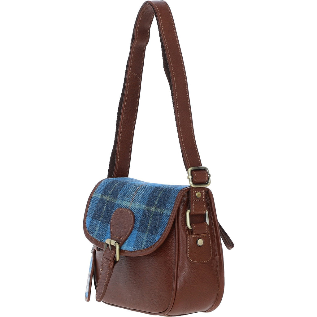 Leather & Harris Tweed Medium Saddle Bag – Tan / Light Blue, view 2
