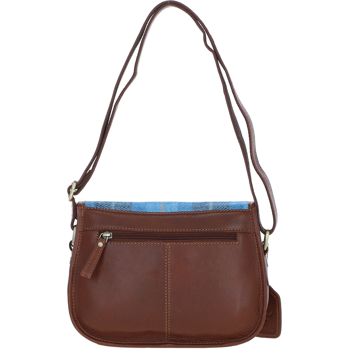 Leather & Harris Tweed Medium Saddle Bag – Tan / Light Blue, view 3