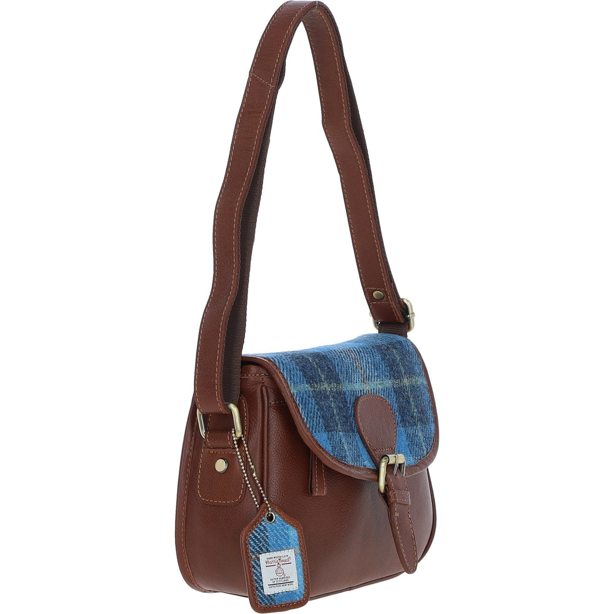 Leather & Harris Tweed Medium Saddle Bag – Tan / Light Blue, view 4