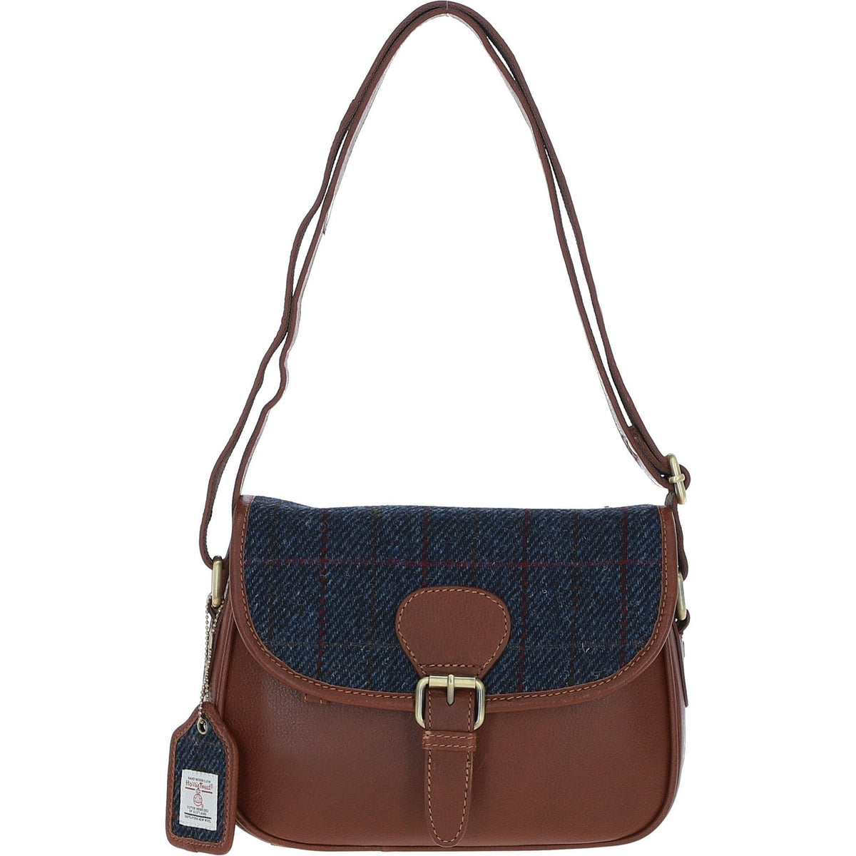 Leather & Harris Tweed Medium Saddle Bag – Tan / Navy, view 1