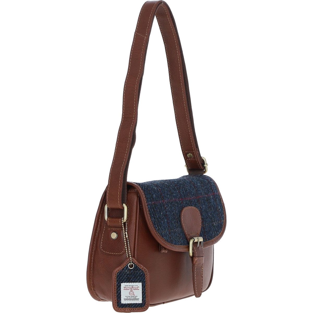 Leather & Harris Tweed Medium Saddle Bag – Tan / Navy, view 4