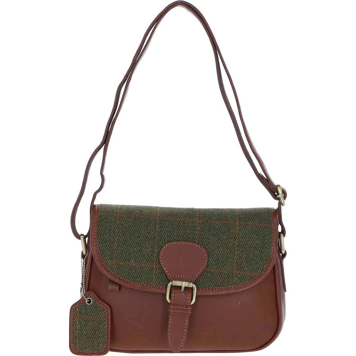 Leather & Tweed Medium Saddle Bag – Tan / Green Check, view 1