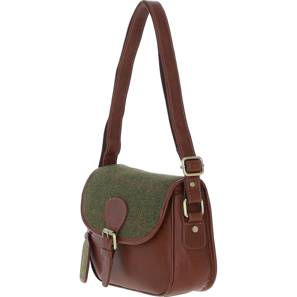 Leather & Tweed Medium Saddle Bag – Tan / Green Check, view 2