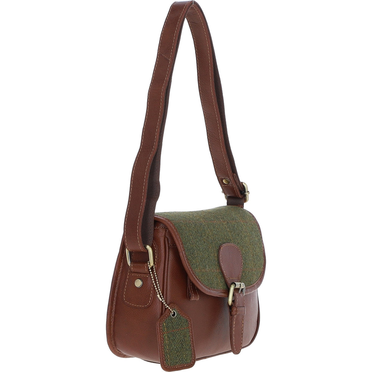 Leather & Tweed Medium Saddle Bag – Tan / Green Check, view 4