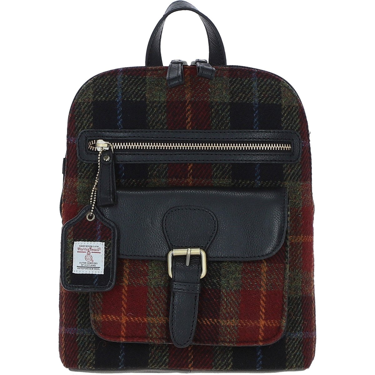 Leather & Harris Tweed Pocket Backpack – Black / Green / Red, view 1