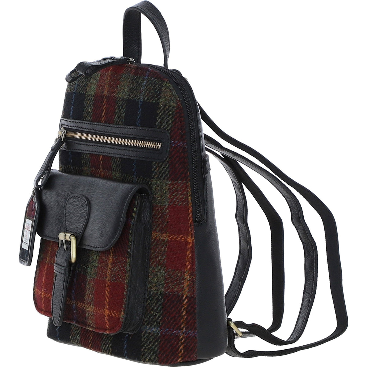 Leather & Harris Tweed Pocket Backpack – Black / Green / Red, view 2