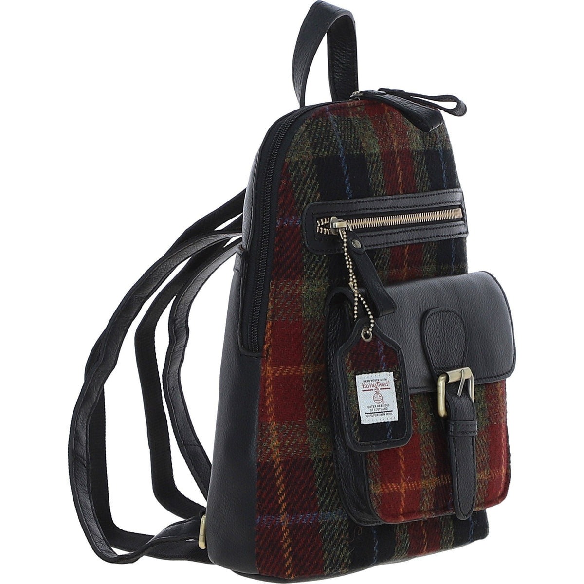 Leather & Harris Tweed Pocket Backpack – Black / Green / Red, view 4
