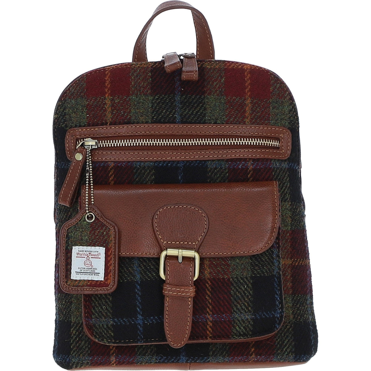 Leather & Harris Tweed Pocket Backpack – Tan / Green / Red, view 1