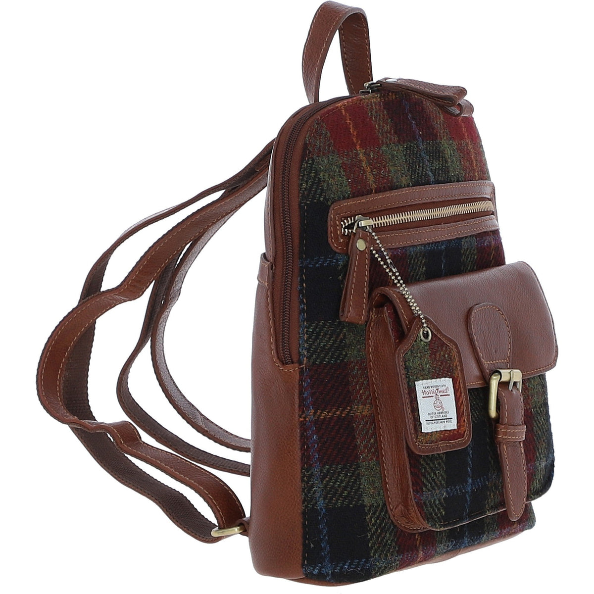Leather & Harris Tweed Pocket Backpack – Tan / Green / Red, view 4