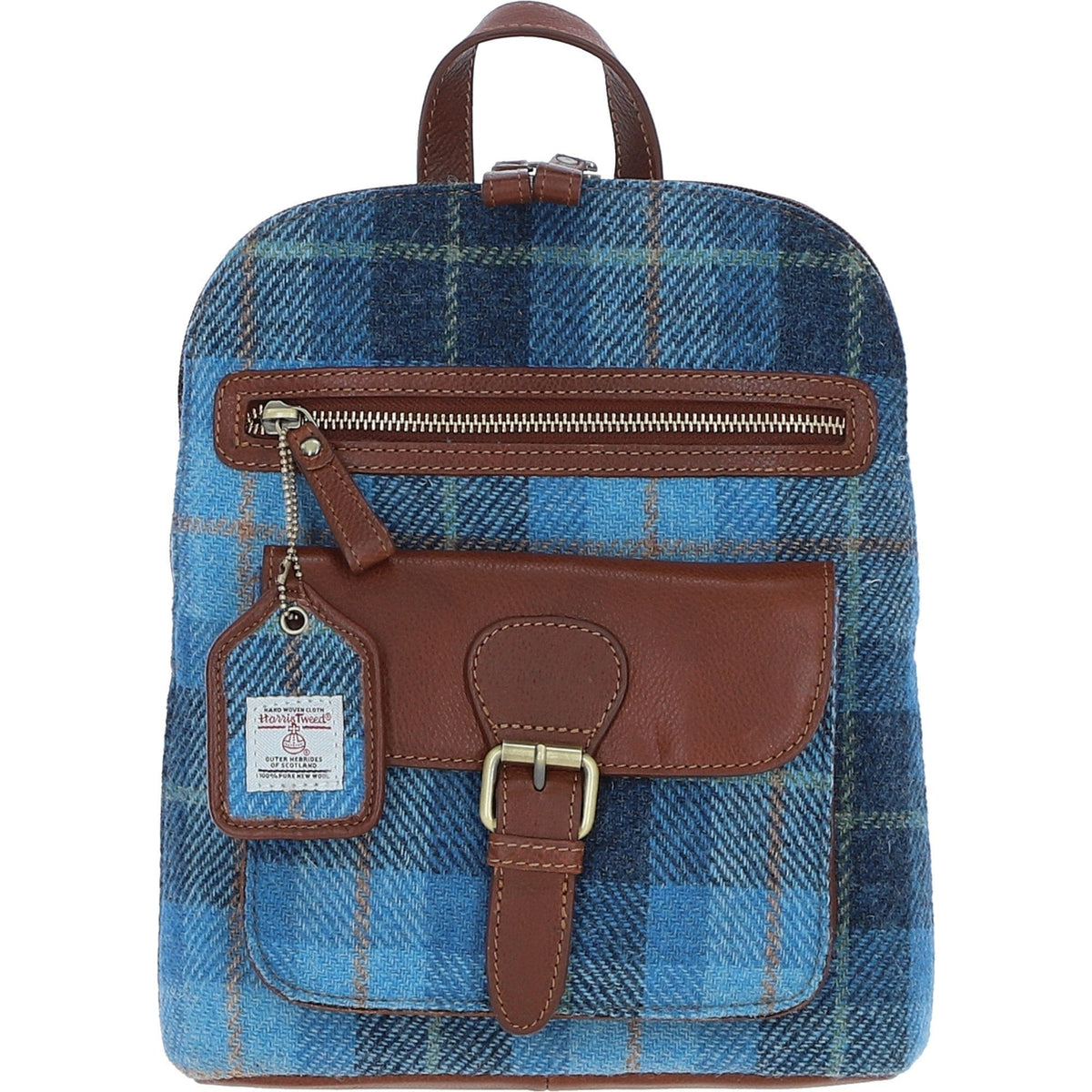 Leather & Harris Tweed Pocket Backpack – Tan / Light Blue, view 1