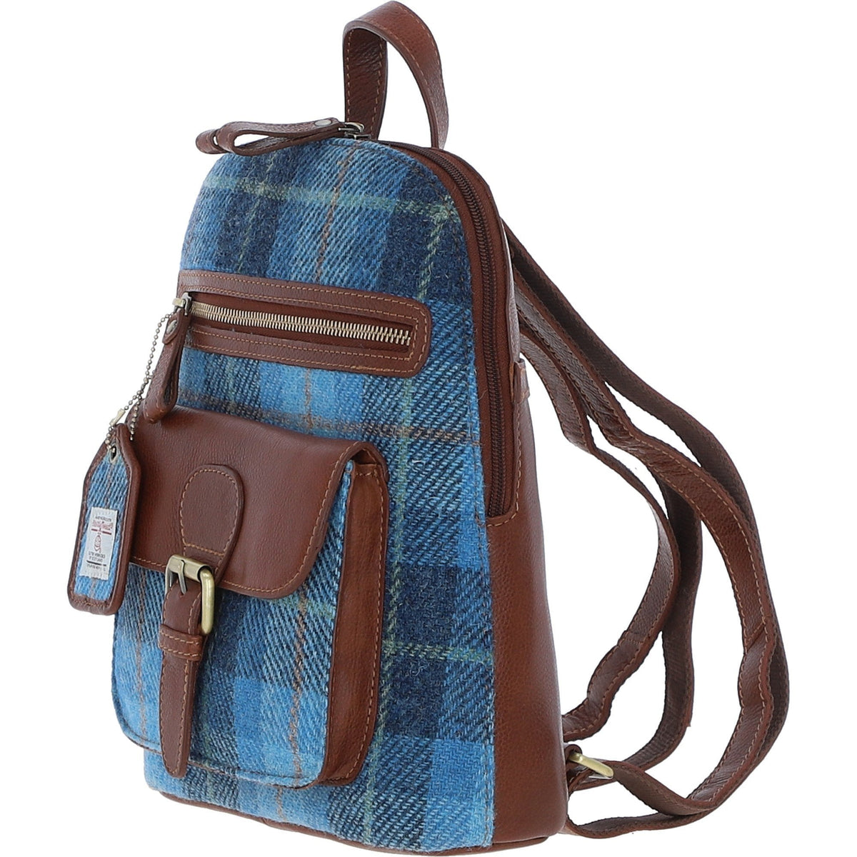 Leather & Harris Tweed Pocket Backpack – Tan / Light Blue, view 2