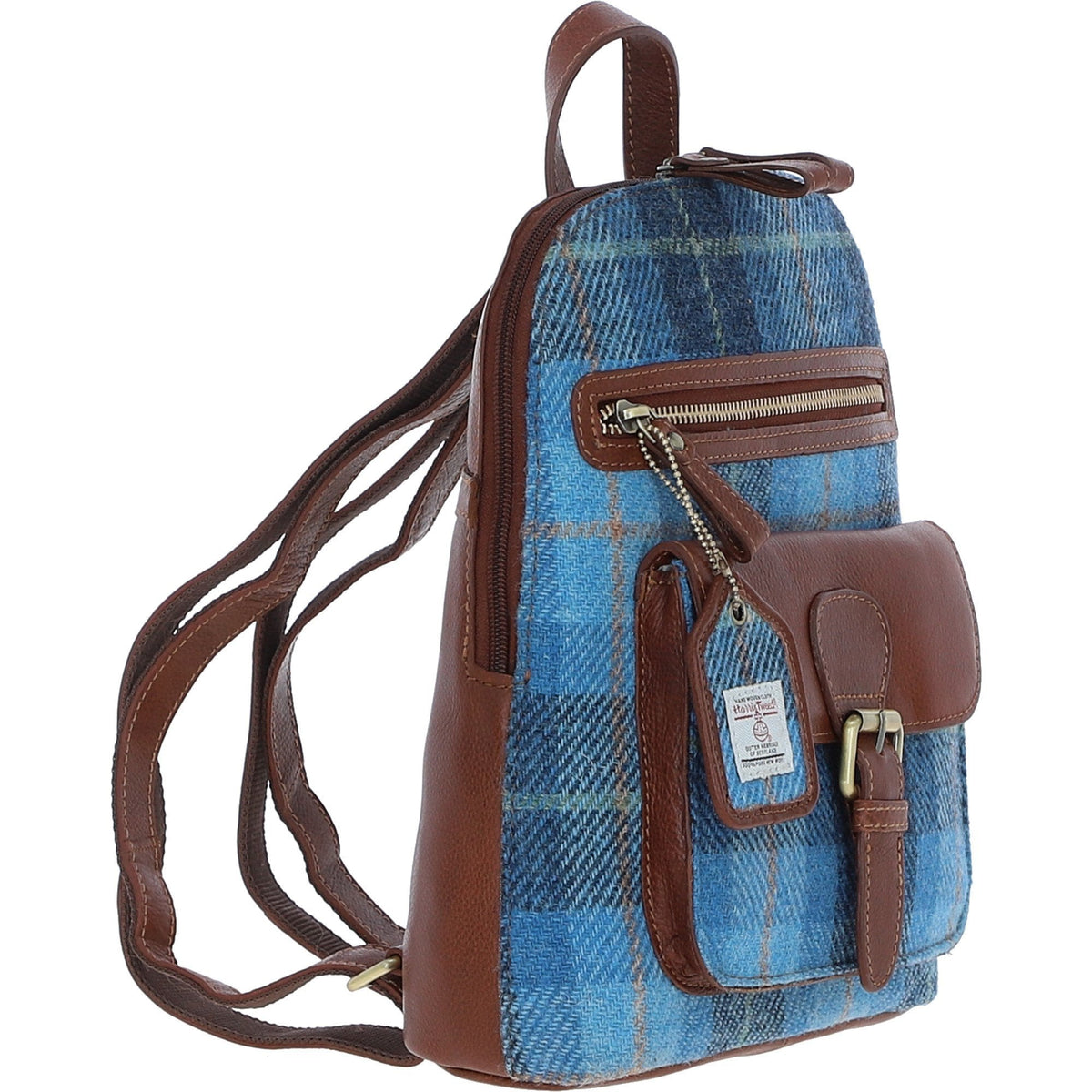 Leather & Harris Tweed Pocket Backpack – Tan / Light Blue, view 4