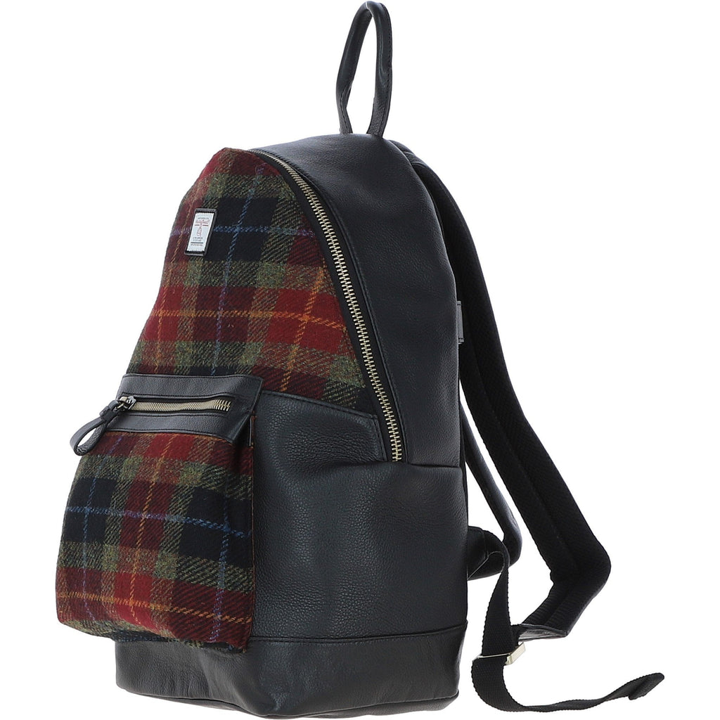 Leather & Harris Tweed Large Laptop Rucksack – Black / Green / Red, view 2