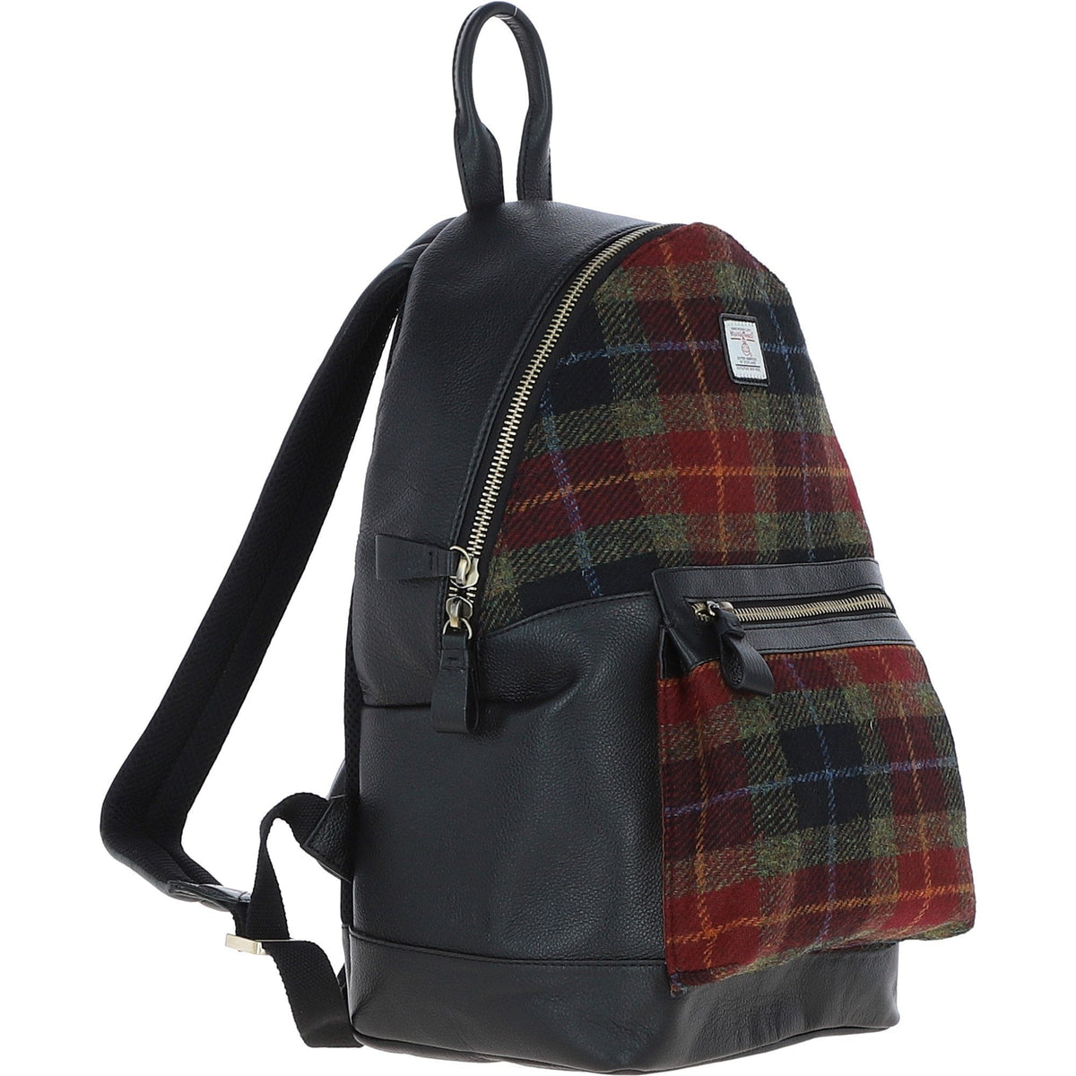 Leather & Harris Tweed Large Laptop Rucksack – Black / Green / Red, view 4