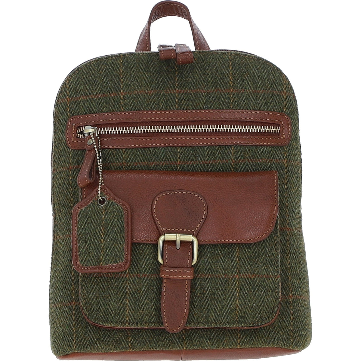Leather & Tweed Pocket Backpack – Tan / Green Check, view 1